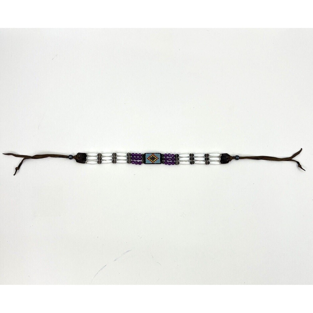 Handmade Beaded & Soft Leather Choker Necklace Purple White Diamond Design - Picture 11 of 12